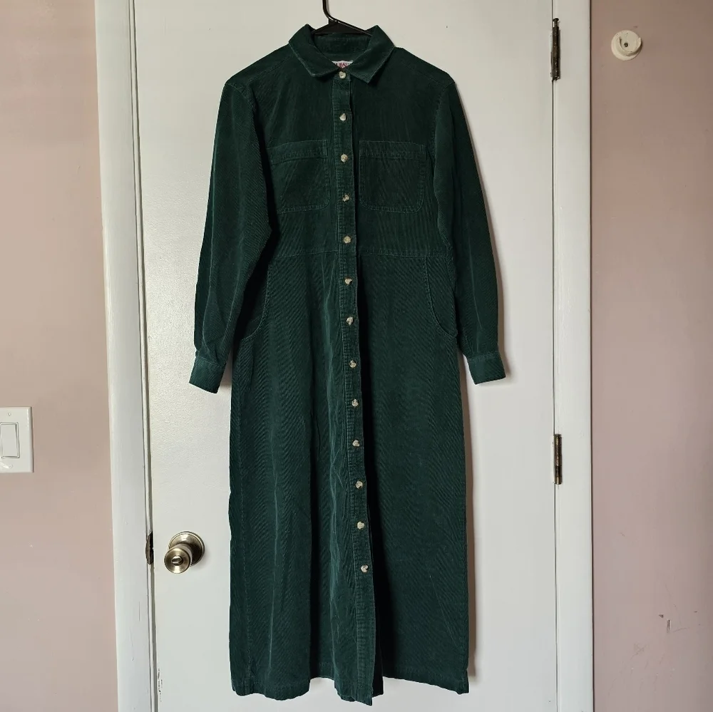 Vintage FADS green corduroy button-down granola girl teacher midi dress - Picture 4 of 8
